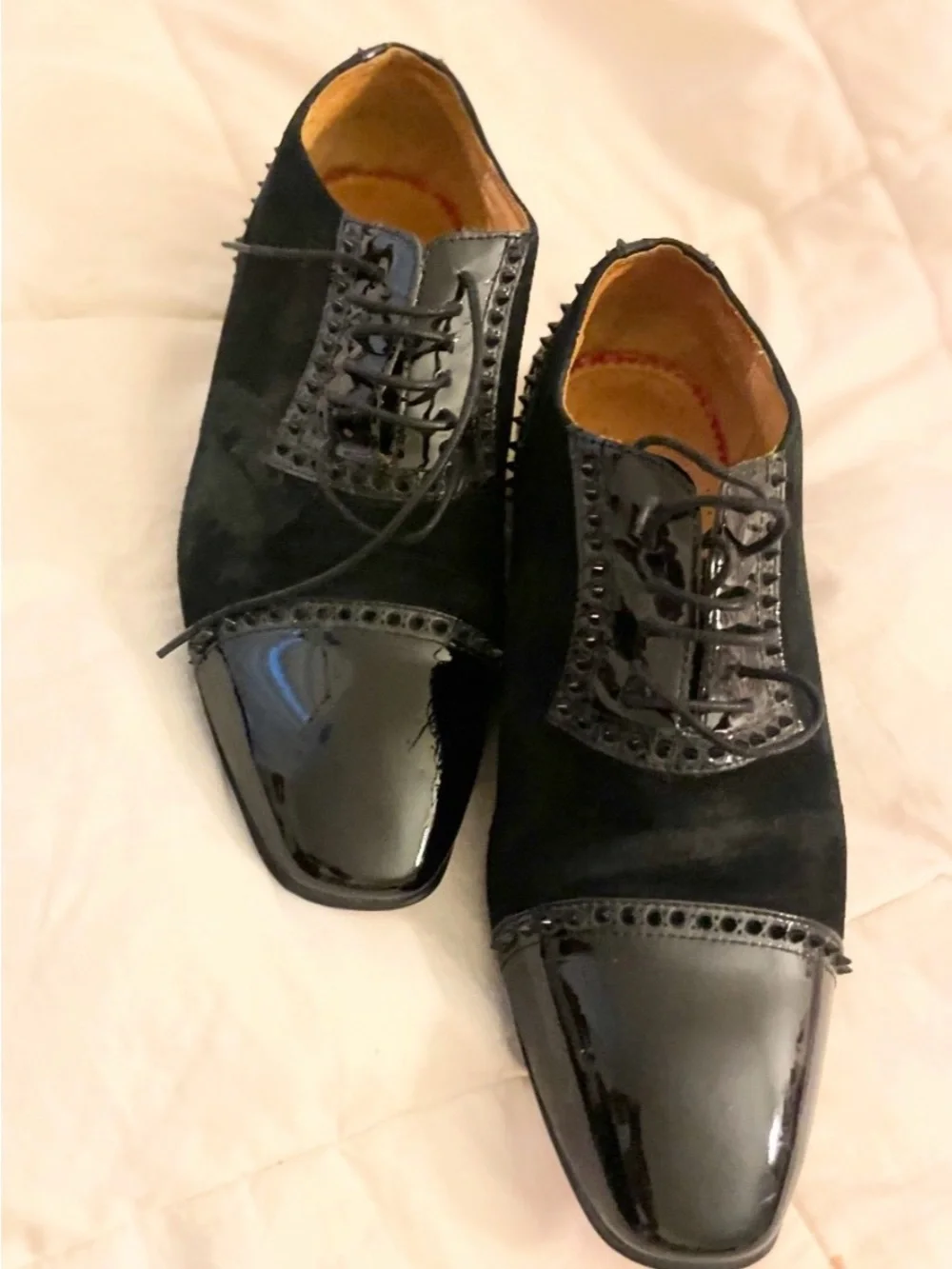 Christian Louboutin Black Suede & Patent Leather Spiked Derby Shoes